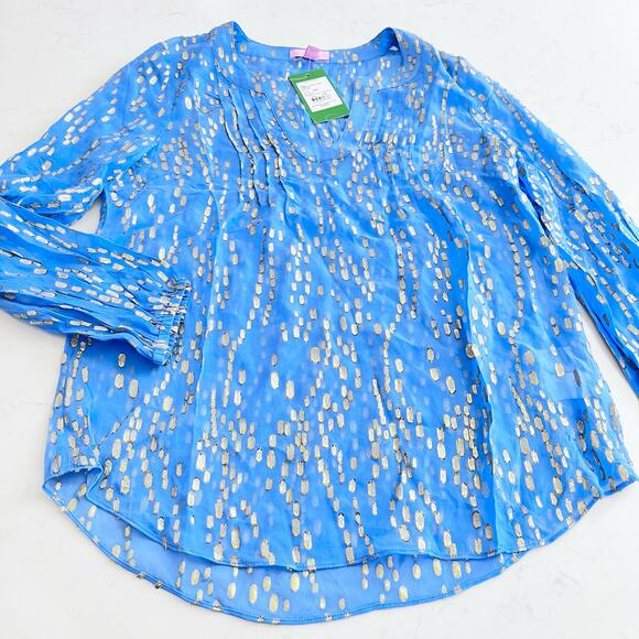 Lilly Pulitzer Silk Metallic Colby Top Ariel Blue Gold XXS. NWT - Picture 2 of 8